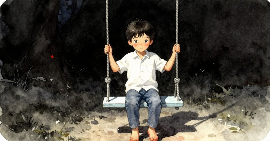 格倫坐上熟悉的淡藍色搖擺座椅,雙腳穩穩踏在平台上,神情平靜中帶著期待,細節展現機械鏈條與柔和燈光。