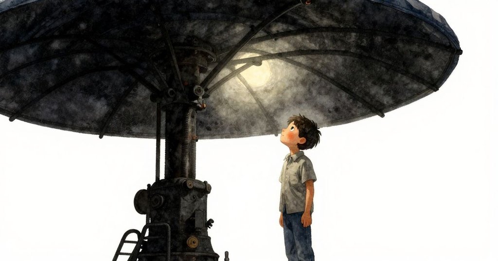 格倫抬頭注視緩慢旋轉的彩繪頂篷,臉上寫滿驚奇與思索,溫暖光影交織出獨特機械美感。