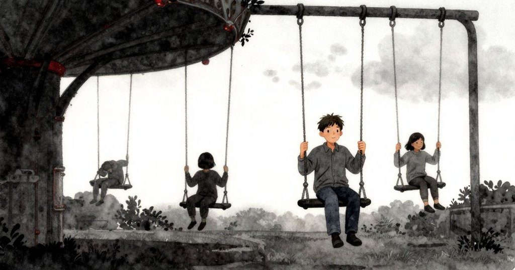 遊樂設施停下後,格倫與傑瑪並肩安坐,臉上流露安寧與滿足,柔和燈光與陰影營造平靜結局。