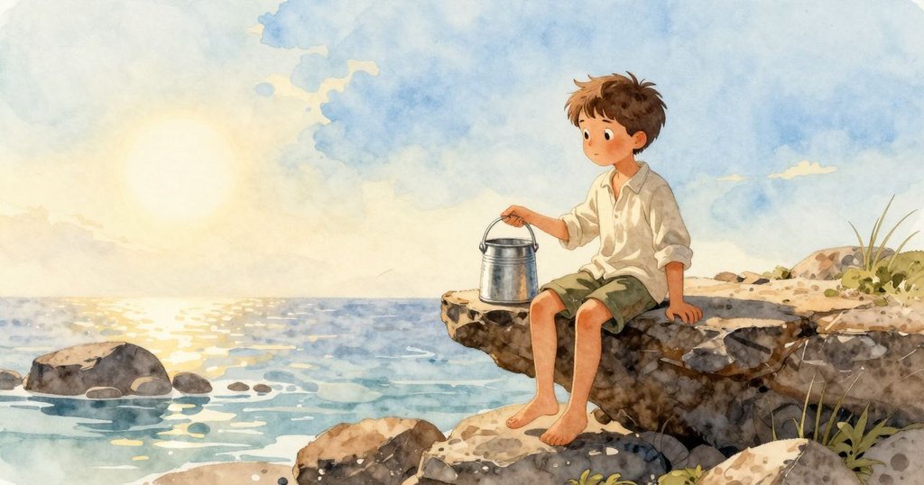 Hartley站在岩石頂上，手拿鐵桶凝視閃爍潮池，晨光柔和，背景呈現寧靜海邊風景，表情沉思。