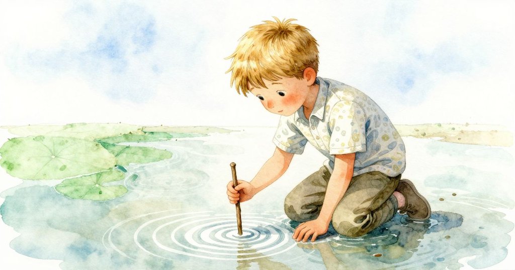 Glen跪在潮池邊，用木棍輕輕畫圈，水面泛起細微漣漪，背景空曠而寧靜，神情專注。