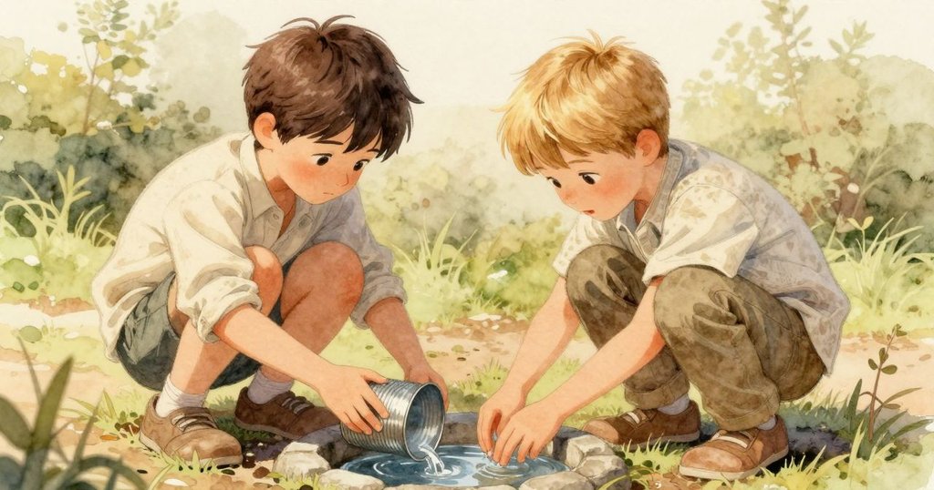 Hartley與Glen並肩站立，將鐵桶輕放於石縫中並用手指探測水溫，環境自然寧靜，充滿探索感。