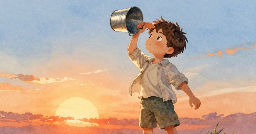 Hartley迅速舉起鐵桶遮擋耀眼陽光，面露驚訝與沉思，背景呈現落日橘光與天際藍影交織，氣氛緊張。