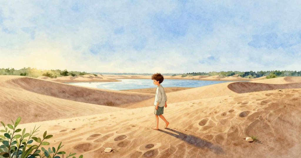 Hartley離開潮池，沿著沙丘小徑行走，背景呈現寬廣海景與溫柔夕光，充滿平靜與收束的情懷。