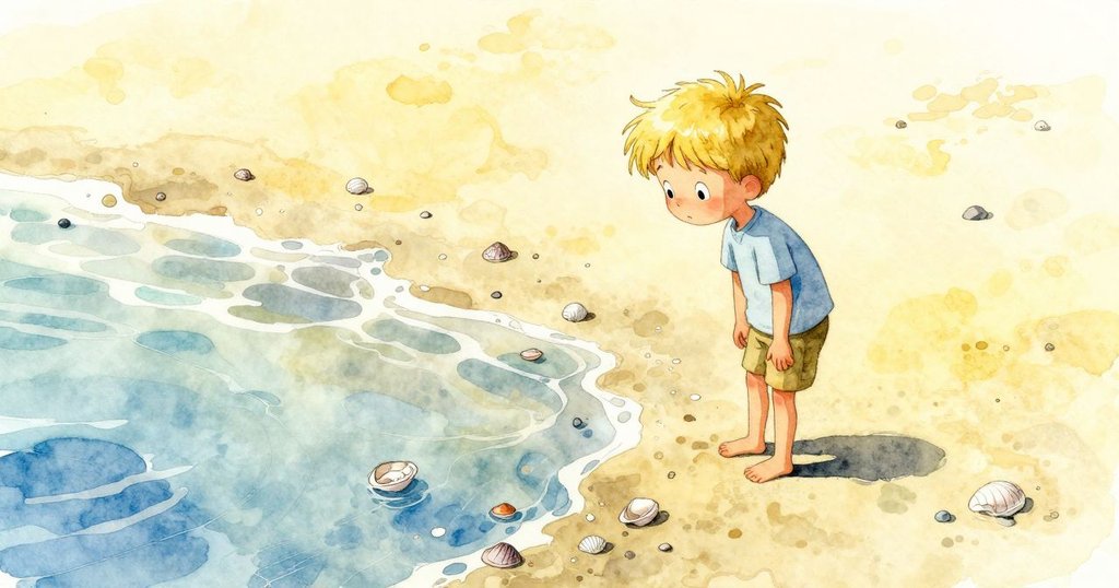 Vance站在岩石潮池邊,觀察停滯螃蟹與海洋碎片,周圍小生物活躍,表情充滿好奇與期待