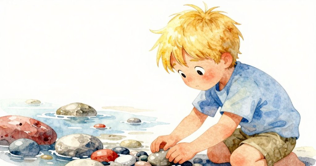 Vance伸手撿起卵石,細緻呈現手部動作,背景岩石潮池上散落海洋寶物,陽光柔和照耀下充滿專注感