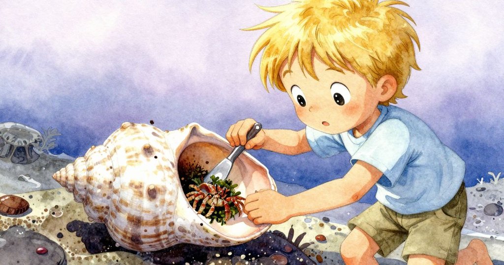 Vance用磨砂貝殼輕撥海藻,畫面略帶變形,突顯螃蟹借用的貝殼上糾結的海藻,展現細膩動作