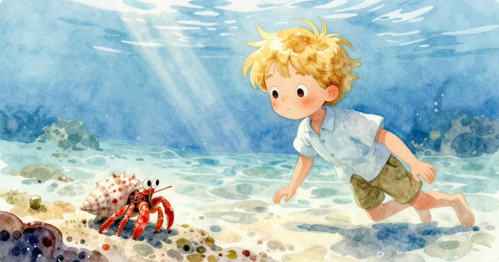 從水下視角呈現清澈潮池,螃蟹在柔和陽光穿透下開始活動,背景散落著海洋碎片與沙石