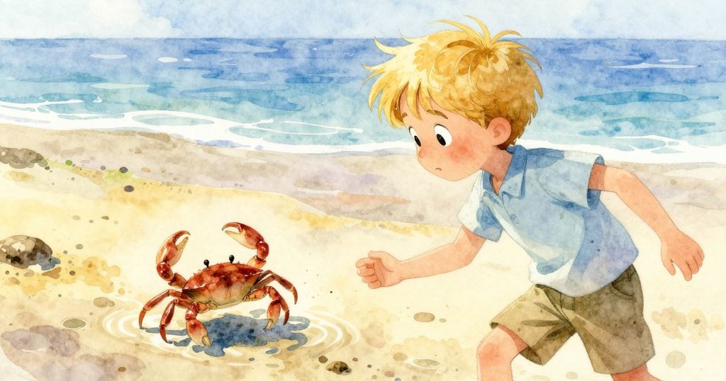 螃蟹在瞬間定格中旋轉,伸展的腿部細緻呈現解放瞬間,背景明亮清晰展示沙石與潮池