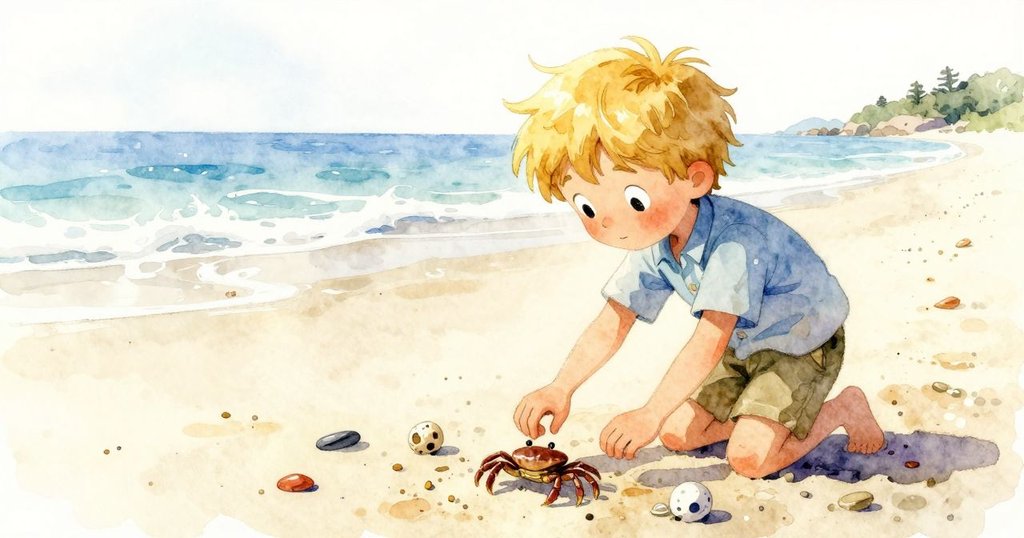 Vance輕推散落海洋寶物,螃蟹順著清澈沙灘前行,畫面展現人與自然間溫柔交流與和諧景象