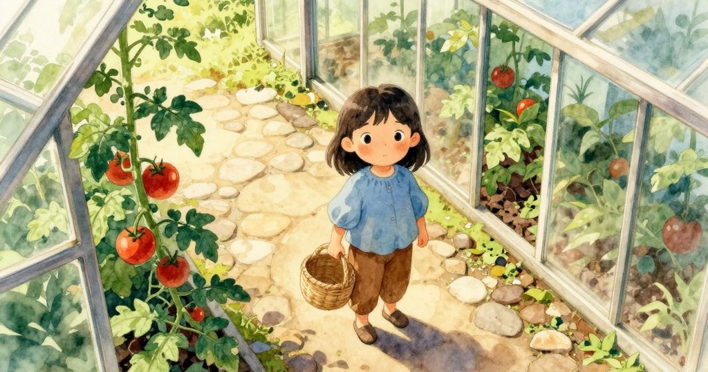 Ines 在溫室中沿著石板路行走,從高處俯瞰番茄藤、籃子及花圃,晨光灑滿整個環境