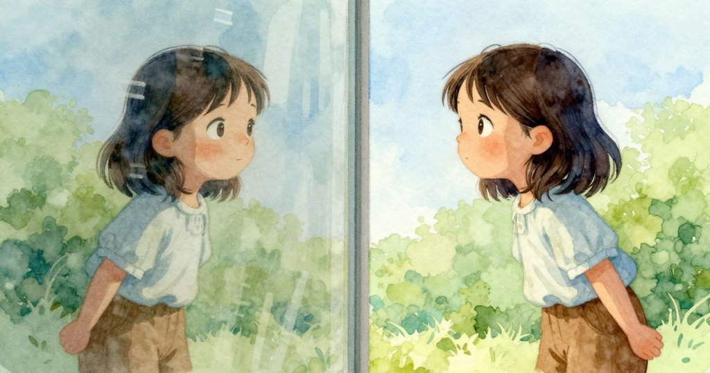 透過玻璃反射看見 Ines 觀察搖擺排氣片,神情凝重與好奇,柔和光線交織機械細節