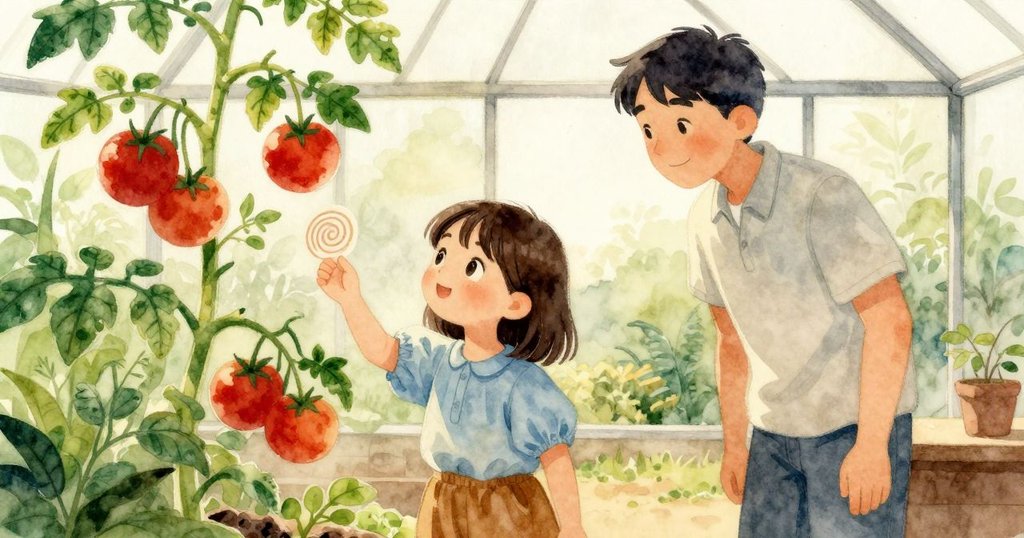 Ines 與 Palmer 在溫室內互動,Ines 翻閱筆記本,番茄藤環繞,溫暖光線映襯著細膩情景