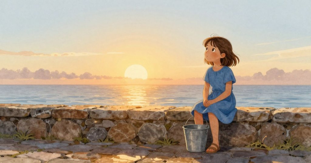 Gemma在晨曦中站在海邊老石牆上，拿著水桶，觀察著退潮後的鵝卵石和海洋生物，流露出好奇的神情