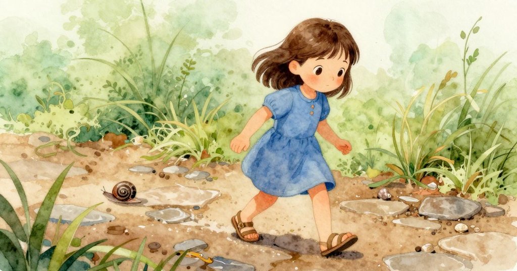 Gemma的腳步踏在濕潤的鵝卵石上，仔細注意著海邊散落的螺殼和海草，展現探索的細膩動作