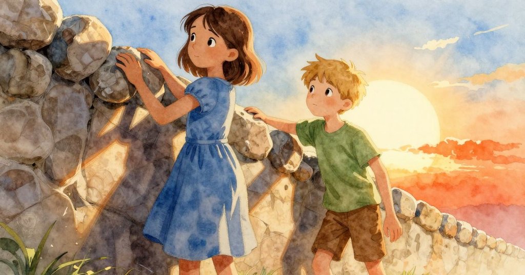 從低角度看，Gemma專注擺放石塊，而Jasper的肩膀在晨光下形成剪影，呈現出默契而動感的畫面