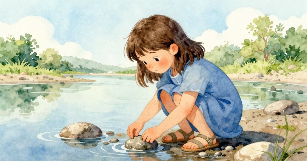 Gemma蹲在潮退露出的海邊水坑旁，仔細檢查隱藏的石塊，陽光柔和，展現尋找秘密空間的情景