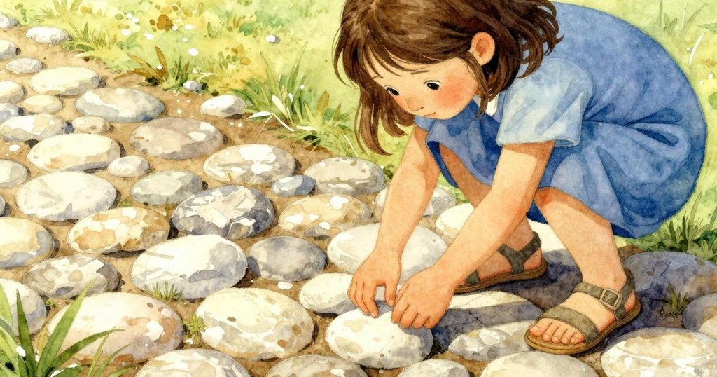 Gemma專注地用手調整淺色鵝卵石，細膩觸感與石塊紋理清晰可見，臉上流露出堅定與解決難題的決心