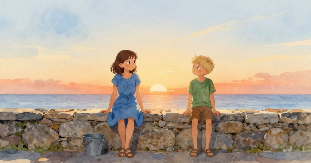 Gemma與Jasper在修好的石牆旁靜立，晨光柔和映照著他們滿足的神情，Gemma放下水桶，共享完成工作的默契時刻