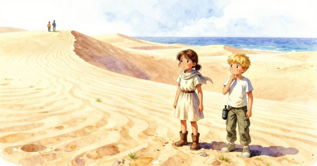 在廣闊的沙丘中,Thalia在風頭上呼喊,Luke遠處仔細觀察沙浪,呈現故事開始的探索動感。