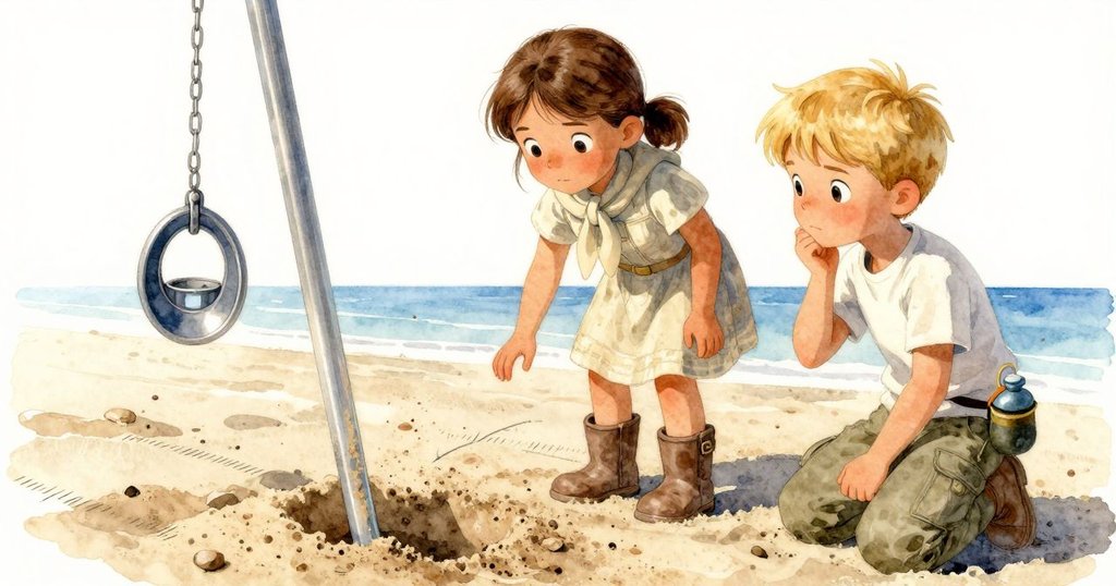 展示精細的鋁製測量桿和懸掛的明亮墜片,周遭砂粒細節豐富,象徵著實驗中智慧和細緻的觀察。