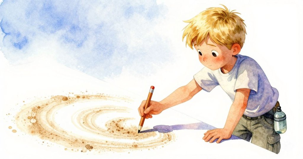 從小動物視角看,Luke正專注地用筆敲打筆記本,周圍砂粒隨風旋轉,展現探索的細膩情感。