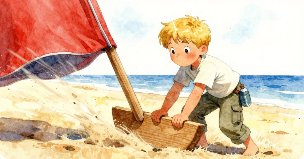 畫中Luke正用木楔穩固測量桿,狂風颳起砂粒飛舞,動感十足,突顯出挑戰實驗的決心。