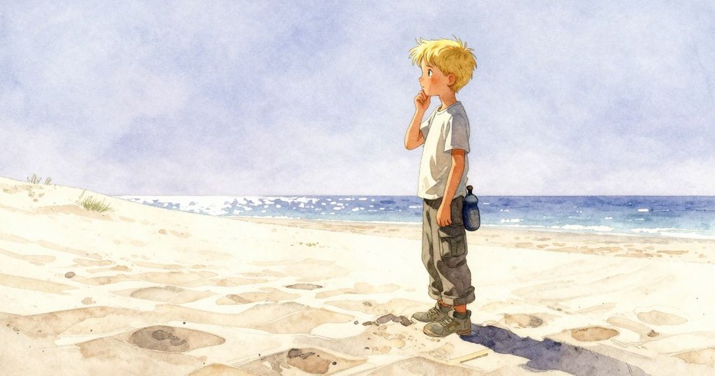 Luke站在沙丘邊緣凝視迷幻地平線,打開的素描本和散落手套暗示著新冒險的開始,充滿期待與沉思。