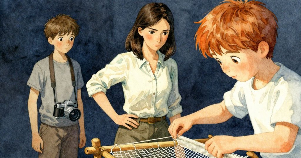 羅莎專注雙手操作工具，穿過堅持的網狀物，展示纖維與鉛錘細部紋理，充滿技藝與耐心