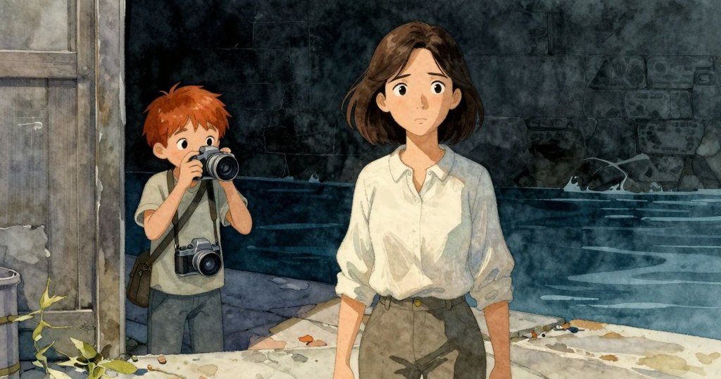 攝影師從破舊門框中悄悄觀察羅莎工作，鏡頭捕捉石與水的細膩互動，氣氛神秘而凝重