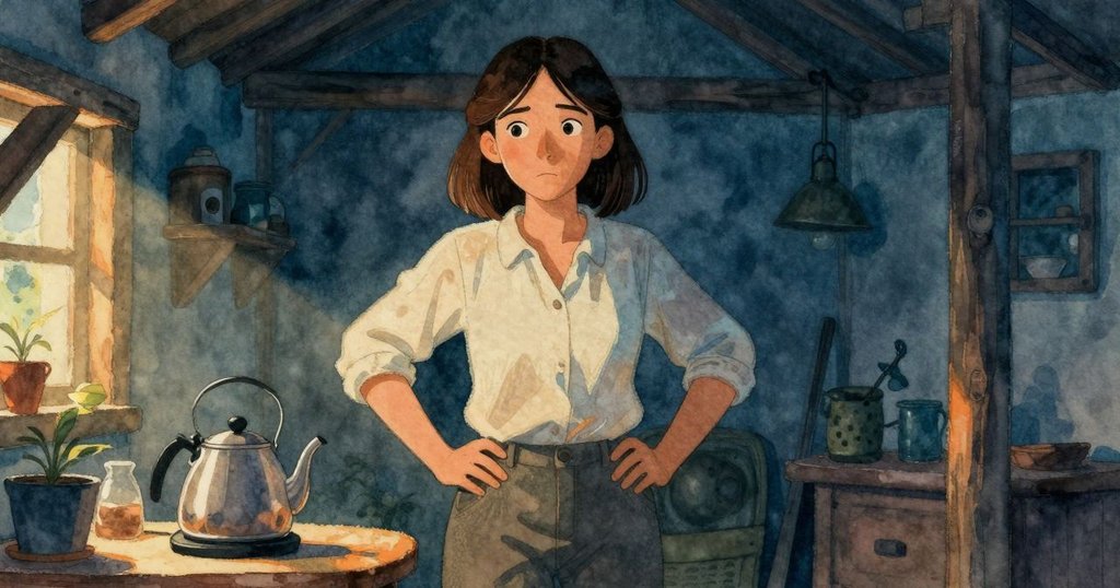 羅莎在簡樸棚內聽見瓦倫聲音，目光落在桌上冷卻茶壺，溫馨家居氛圍流露寧靜感