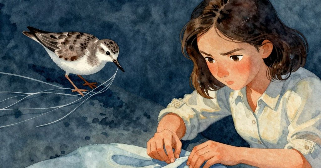 羅莎專注凝神，手觸冰涼纖維，沙鷸忙於編織散落線頭，表情中透露著期待與慎重