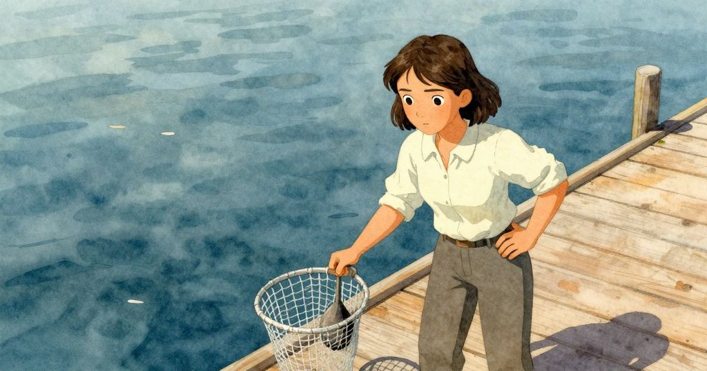 在廣闊碼頭上，羅莎將溫熱鉛錘置於網旁，沙鷸專注觀察，溫暖陽光映襯下展現完滿結局