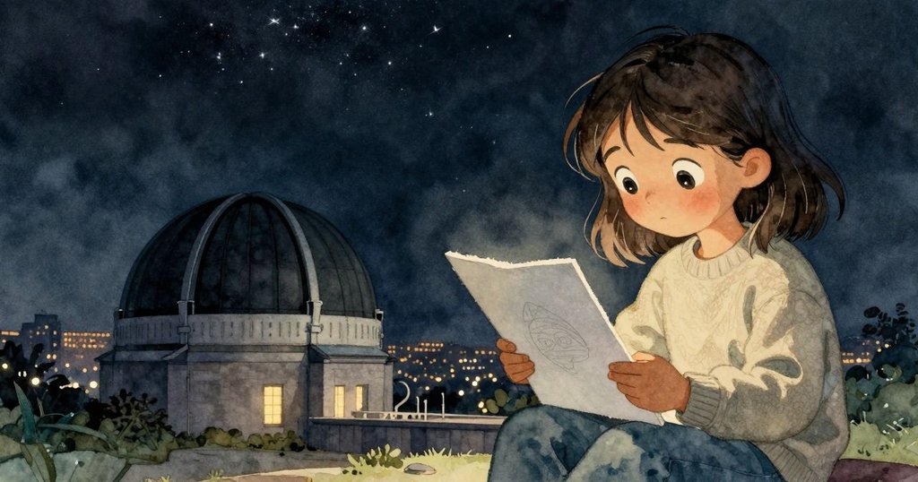 佐拉在觀測所內用鉛筆繪製星圖，外面是星空與城市燈火交相輝映，展現出夜間探索的開始