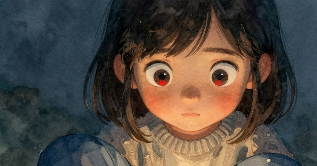 佐拉專注地注視著望遠鏡黃銅部件，紅燈光柔和映襯其深思熟慮的眼神，展現夜間觀察細節