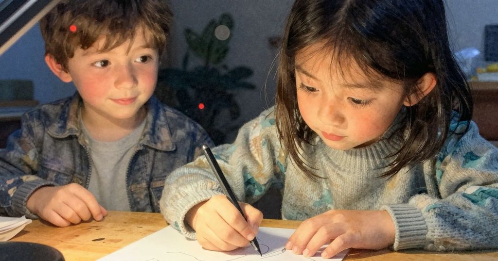 桌上透明覆膜反射出望遠鏡紅點與鉛筆痕跡，佐拉輕觸調整，展現精細觀測過程與溫暖燈光