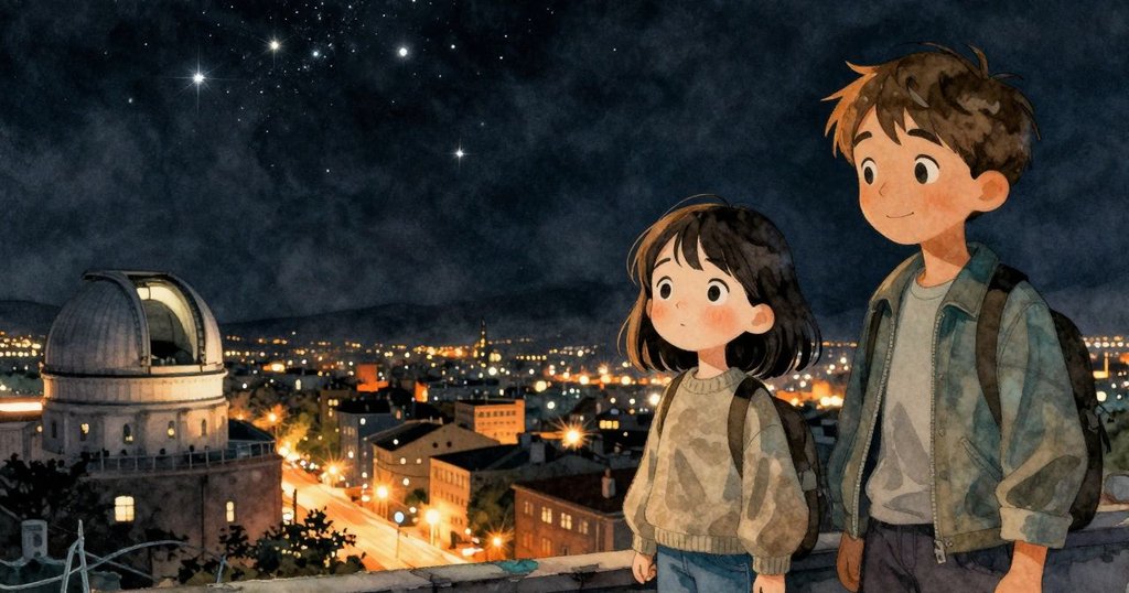 從觀測所望出去的全景鏡頭，城市燈火閃爍與星海交織，營造出內外對比與靜謐夜晚的氛圍