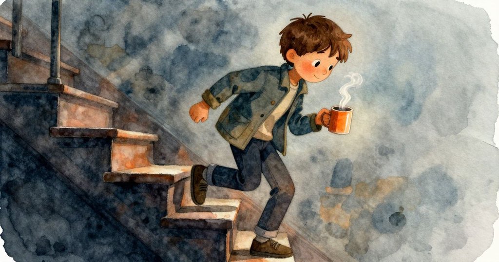 喬爾輕快地下樓梯，手持冒著熱氣的杯子，背景微微模糊展示出動感與觀測所內部環境