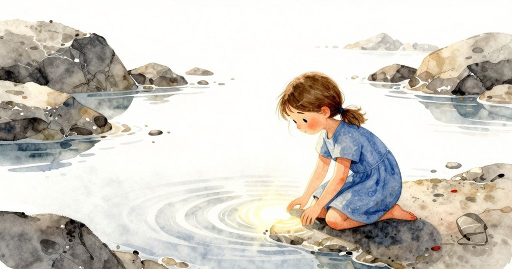 Sara 膝蓋跪在岩石潮池旁,日光灑落海面,寧靜海邊展現早晨溫暖與自然美景。