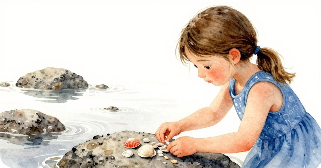 從背後看見Sara細心排列貝殼,岩石與潮池交織出自然藝術,光線溫暖突顯細節美。