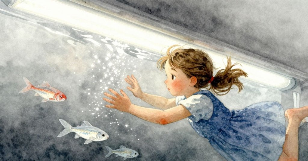 Sara 小心將雙手滑入半浸玻璃管下,透光魚群衝出觸碰手腕,海底場景充滿微妙動態與神秘感。