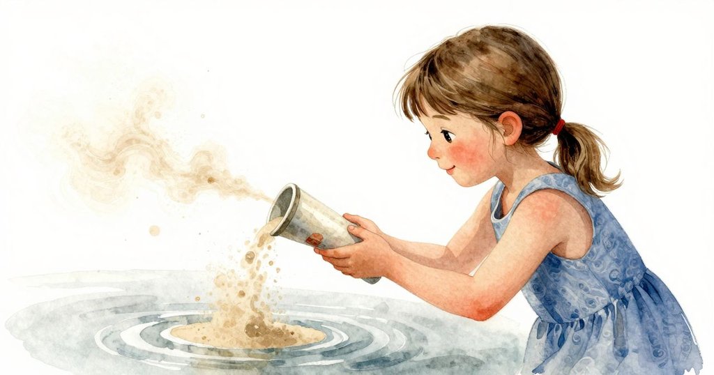 Sara 微笑注視玻璃管落於岩石間,細沙徐舞,海洋生命靜謐再聚,溫柔光影映出自然韻律。