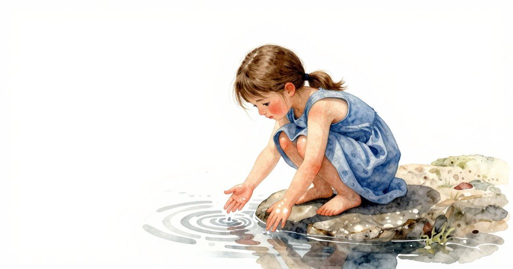 Sara 蹲坐於溫暖岩石上,指尖輕觸水面,陽光碎裂成舞動光斑灑落玻璃管與手套,展現寧靜結局。