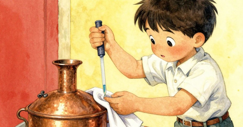 蓋瑞思專注地用玻璃滴管餵油,小油滴映出希望與精緻,細節豐富的古銅水缸靜謐呈現