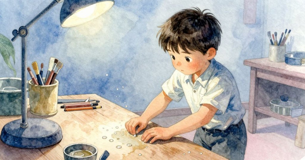 小鳥視角下觀察蓋瑞思操作滴油,工作台上油珠閃爍,細膩動態呈現出工坊的生命律動