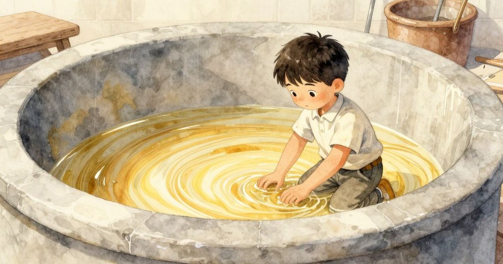 工作室中光線逐漸柔和,蓋瑞思調整油缸,古銅表面現出油漬大理石紋理,呈現時間流逝的變化