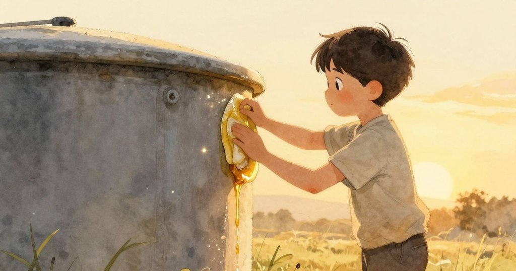 夕陽餘暉中蓋瑞思清理油漬,古銅水缸與銅螺絲在溫暖光線中閃爍,場景平靜且充滿溫馨感