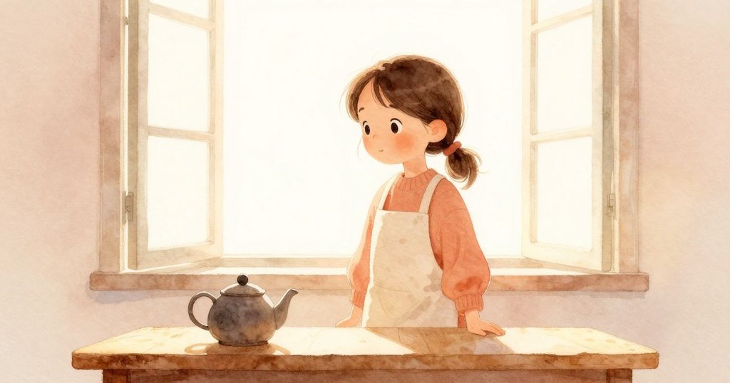 Thea在明亮早晨中呈剪影狀態,站在低桌旁準備泡茶,窗外透進柔和日光,表情溫柔期待,開場氛圍寧靜。