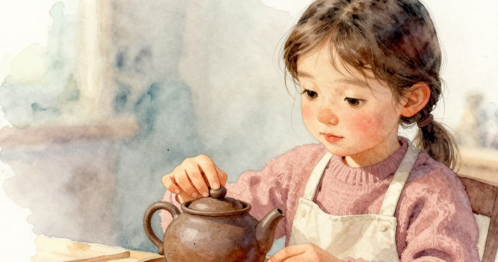 Thea細心觸摸陶壺,手指輕撫壺面細紋,細節豐富呈現往昔故事,神情專注且溫柔。