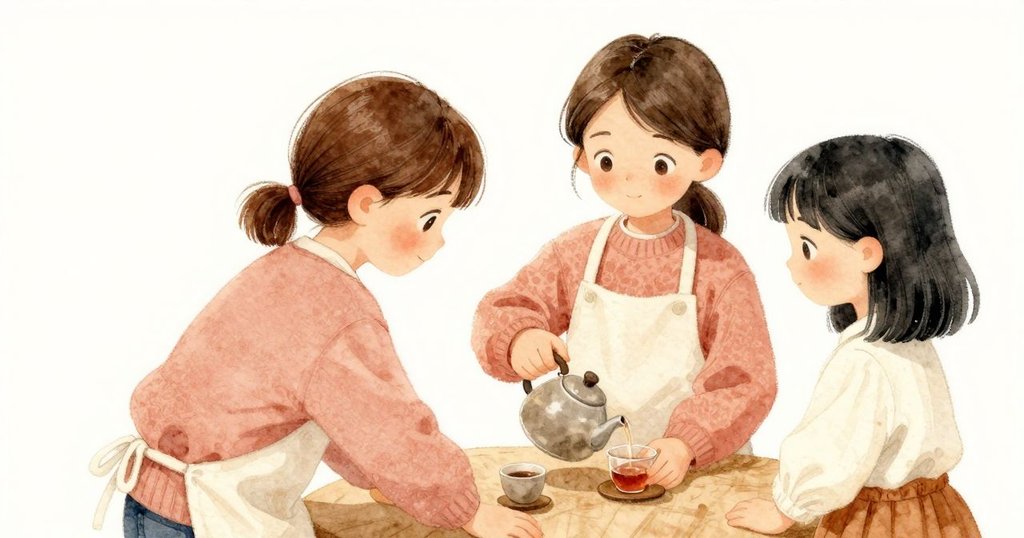 Maeve從背後觀看Thea倒茶,目光充滿好奇與溫柔,茶水流動自然,室內溫馨氣氛悠然展開。